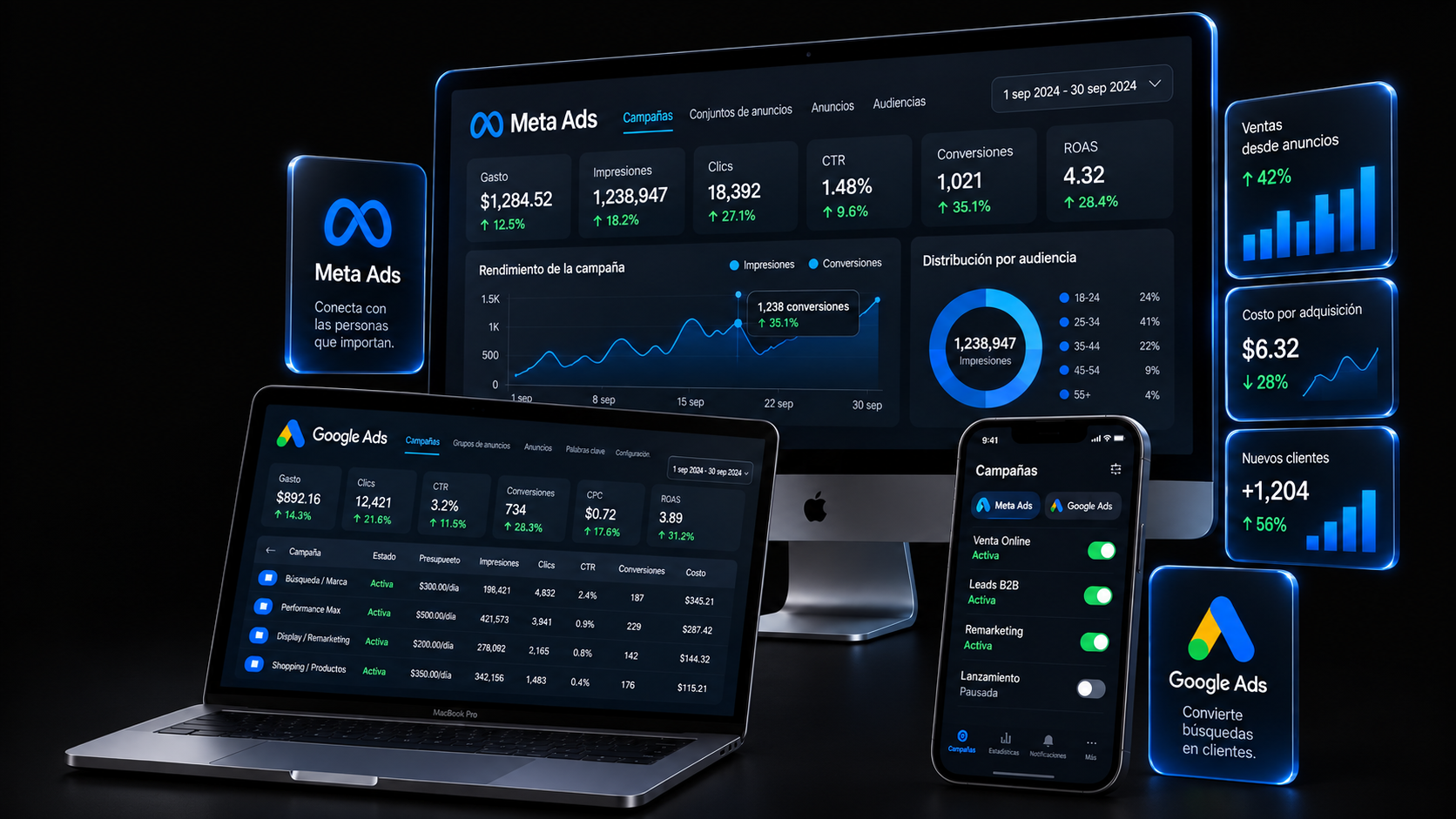 Interfaces de Meta Ads y Google Ads en computadores y celular
