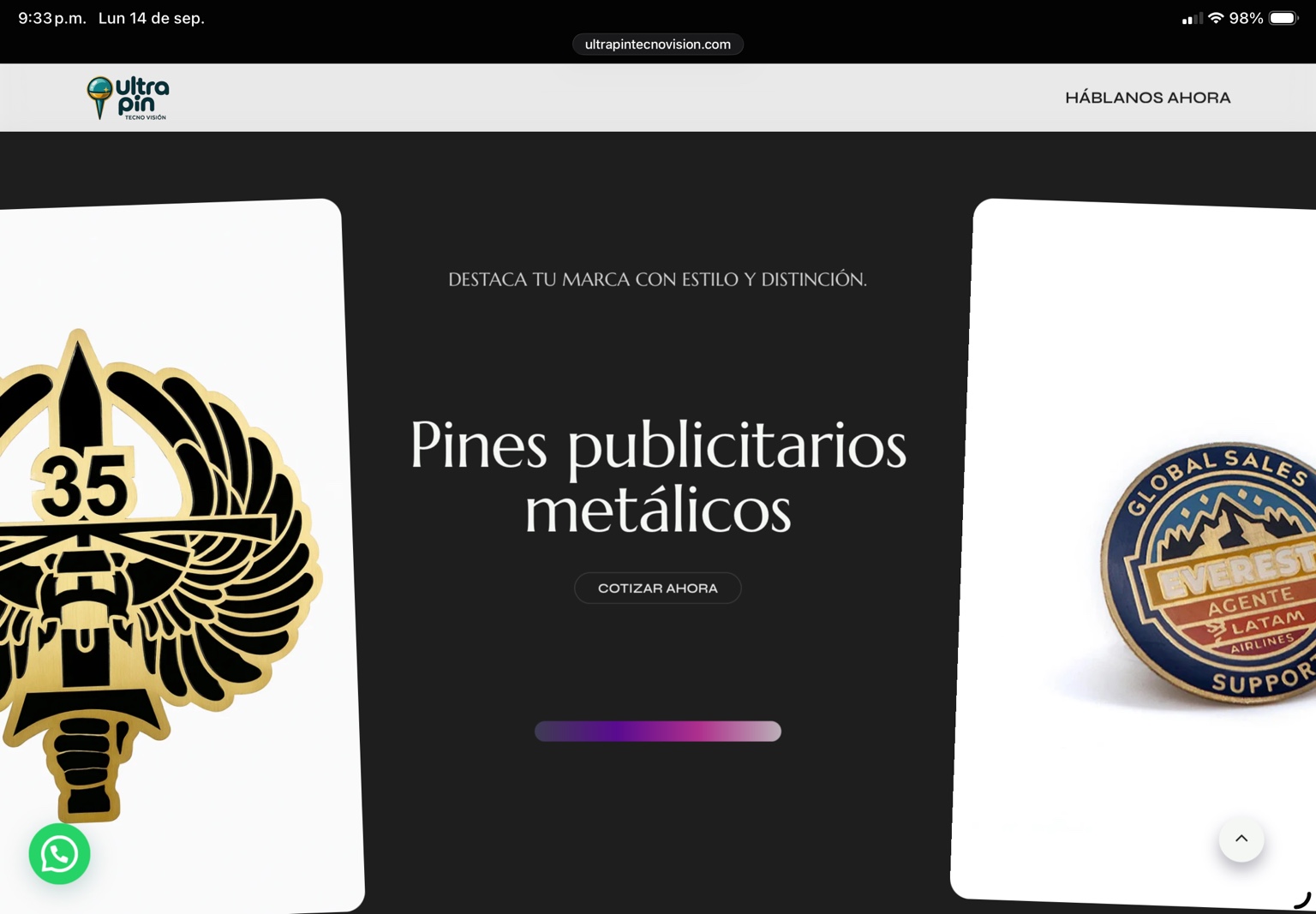 Sitio de Ultrapin Tecnovisión con pines publicitarios y botón de cotización